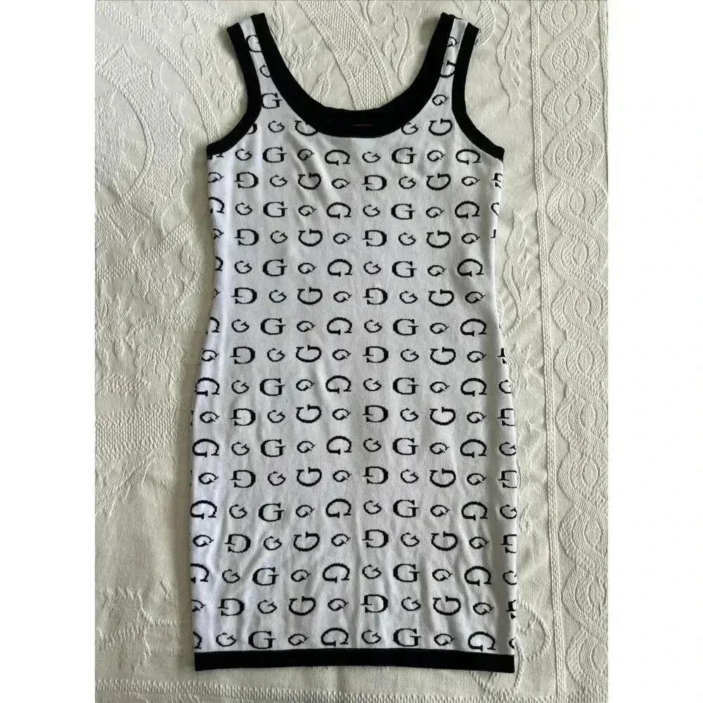 GUESS Monogram G Logo Mini Dress Black White Knit Bodycon Sheath Women’s Size M - Picture 3 of 12